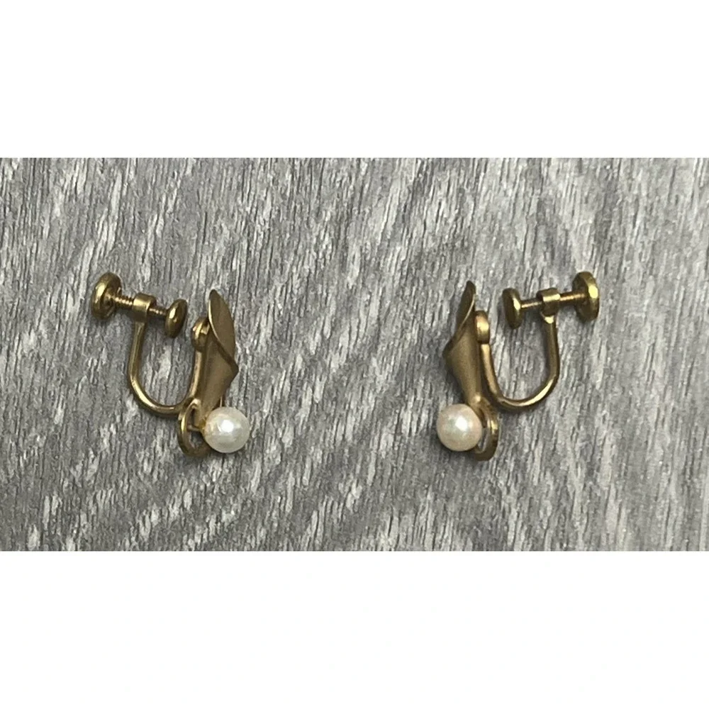 Vintage DCE Curtis 14k GF Leaf Screwback‎ Earrings Simulated Pearl Mid Century